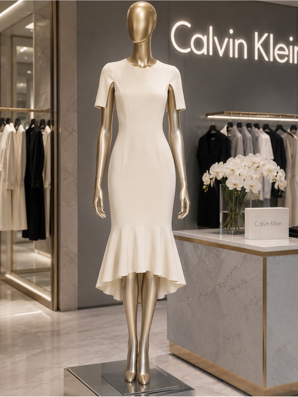 For a Calvin Klein Size 6 Ivory High-Low Midi Dress (New With Tags)